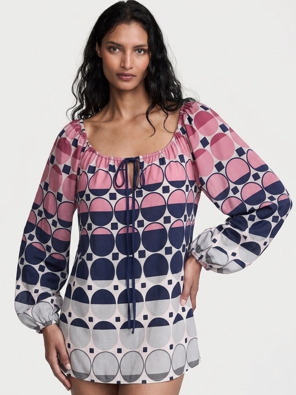 MISS SIXTY Vintage Y2K Geo Graphic Print Flowy Top Puff Sleeves Tunic Bloused XS